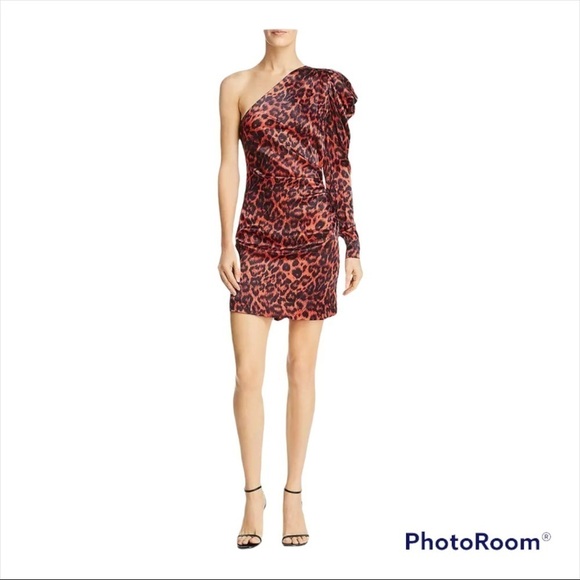 NWT BEC + BRIDGE Red Cheetah Print She's a Maniac One Shoulder Mini Dress Size 4 - Picture 3 of 10